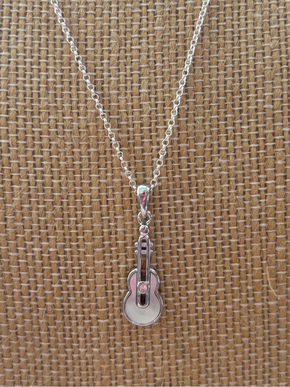 Sterling Silver MOP Guitar Pendant Necklace 18” Rolo Chain
